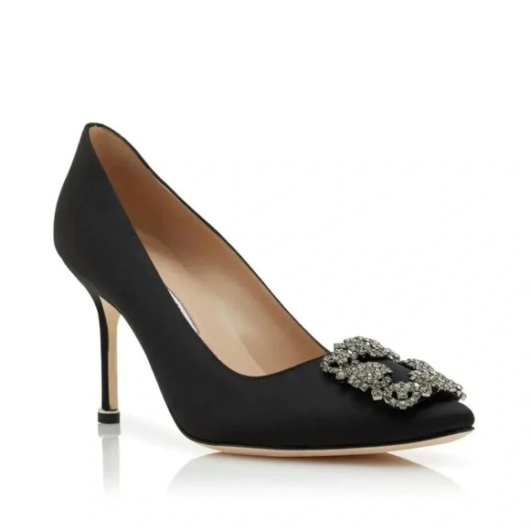 Manolo Blahnik Black Hangisi 70 square embellished satin pumps, size 7.5 - Picture 1 of 11